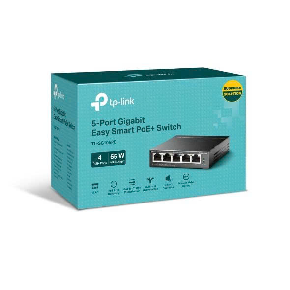 Bộ chuyển mạch Easy Smart TP-Link TL-SG105PE là một switch mạng nhỏ gọn, được trang bị 5 cổng Gigabit, trong đó có 4 cổng hỗ trợ PoE+