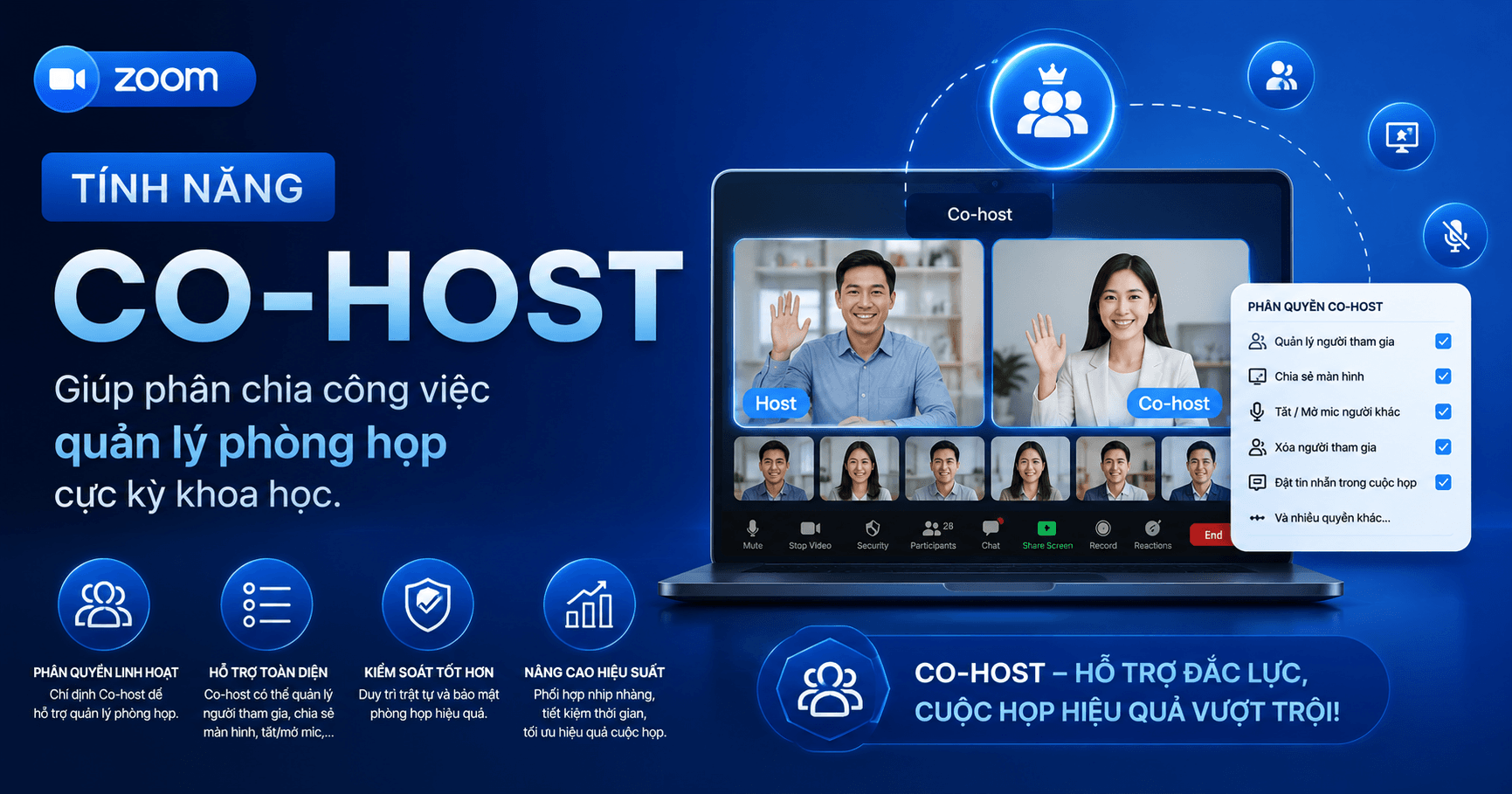 Tính năng Co-host giúp phân chia công việc quản lý phòng họp cực kỳ khoa học